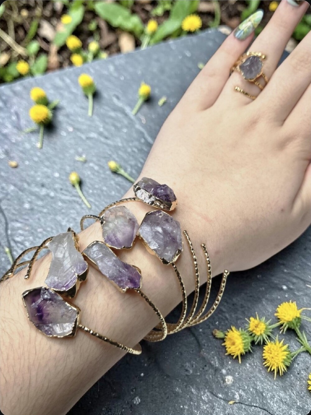 18k Gold Plated Artisan Raw Amethyst Tree Branch Oversized Cuff Bracelet